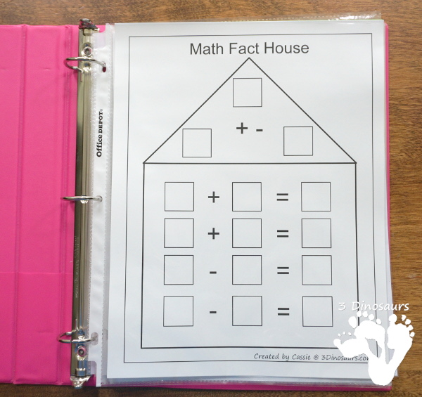 Free Math Fact House Addition & Subtraction - 8 houses with equations in two directions to help those that needs to see the equal sign on either side - 3 Dinosaurs