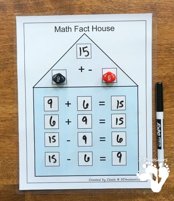 Free Math Fact House Addition & Subtraction - 8 houses with equations in two directions to help those that needs to see the equal sign on either side - 3 Dinosaurs
