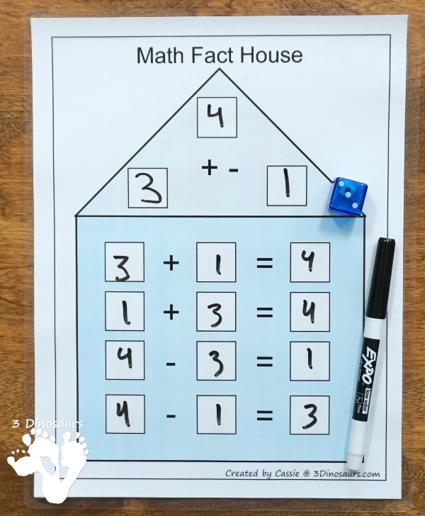 Free Math Fact House Addition & Subtraction - 8 houses with equations in two directions to help those that needs to see the equal sign on either side - 3 Dinosaurs