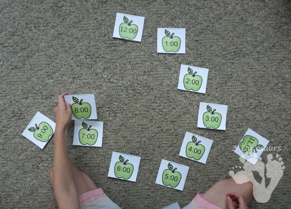 Apple Time Matching Cards- 2 matching cards for hourly time from 1 to 12 - 3Dinosaurs.com