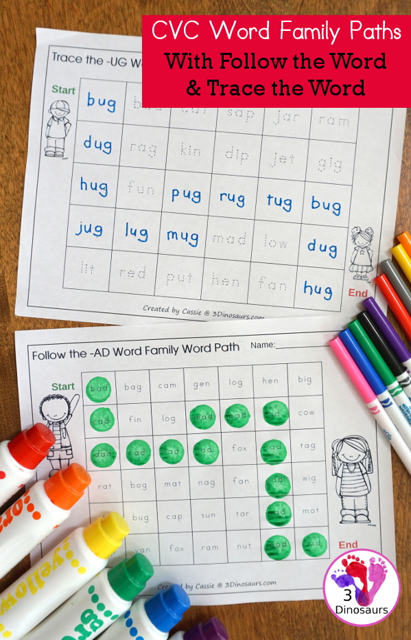 CVC Word Paths or mazes - word paths by CVC word ending in tracing and follow the word with - 3Dinosaurs.com