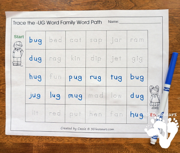 CVC Word Paths or mazes - word paths by CVC word ending in tracing and follow the word with - 3Dinosaurs.com