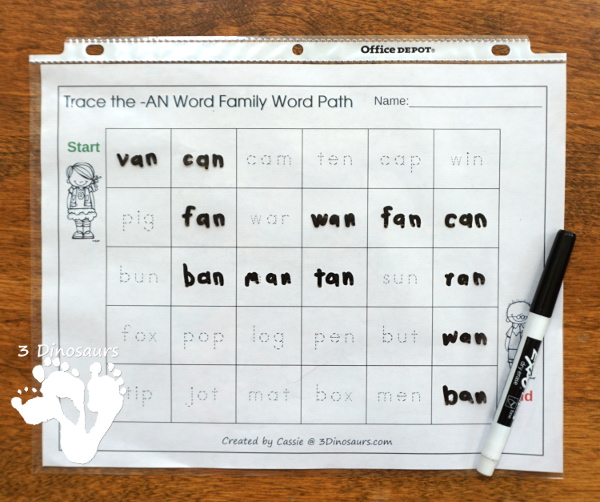 CVC Word Paths or mazes - word paths by CVC word ending in tracing and follow the word with - 3Dinosaurs.com