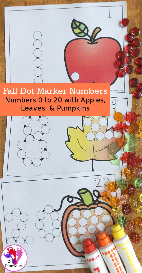 Fall Themed Dot the Number & Count the Dot: Apples, Pumpkins & Leaves - numbers 0 to 20 with dot marker activities for kids to work on numbers and counting with fall themes - 3Dinosaurs.com