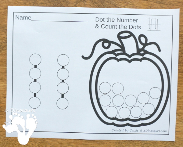 Fall Themed Dot the Number & Count the Dot: Apples, Pumpkins & Leaves - numbers 0 to 20 with dot marker activities for kids to work on numbers and counting with fall themes - 3Dinosaurs.com