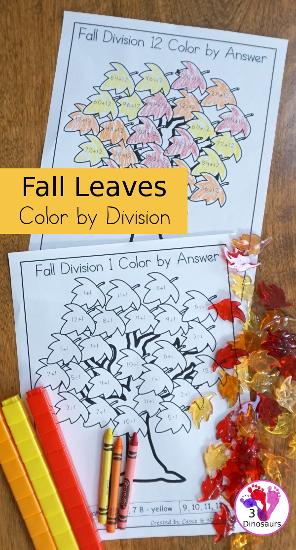 Free Fall Leaves Color by Division - work on division from 1 to 12 with this no-prep printable with a fun fall leaves theme - 3Dinosaurs.com