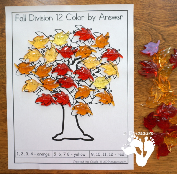 Free Fall Leaves Color by Division - work on division from 1 to 12 with this no-prep printable with a fun fall leaves theme - 3Dinosaurs.com