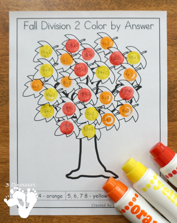 Free Fall Leaves Color by Division - work on division from 1 to 12 with this no-prep printable with a fun fall leaves theme - 3Dinosaurs.com