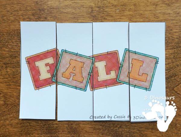 Free Fall Pack for Kindergarten, Preschool and Tot - with a mix of hands-on activities and no-prep with learning fall words and themes with puzzles, cards, prewriting, ABCs, writing and many other activities that go with the book There Was An Old Lady Who Swallowed Some Leaves - 3Dinosaurs.com