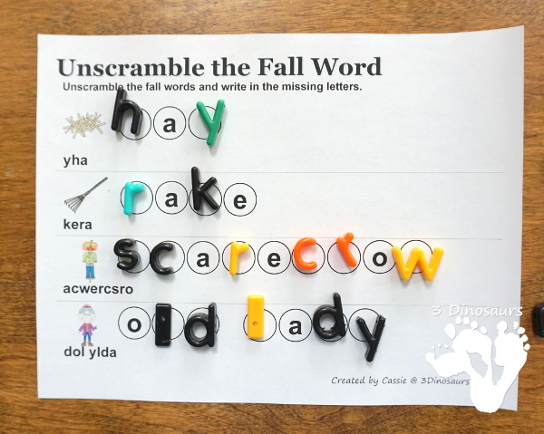 Free Fall Pack for Kindergarten, Preschool and Tot - with a mix of hands-on activities and no-prep with learning fall words and themes with puzzles, cards, prewriting, ABCs, writing and many other activities that go with the book There Was An Old Lady Who Swallowed Some Leaves - 3Dinosaurs.com