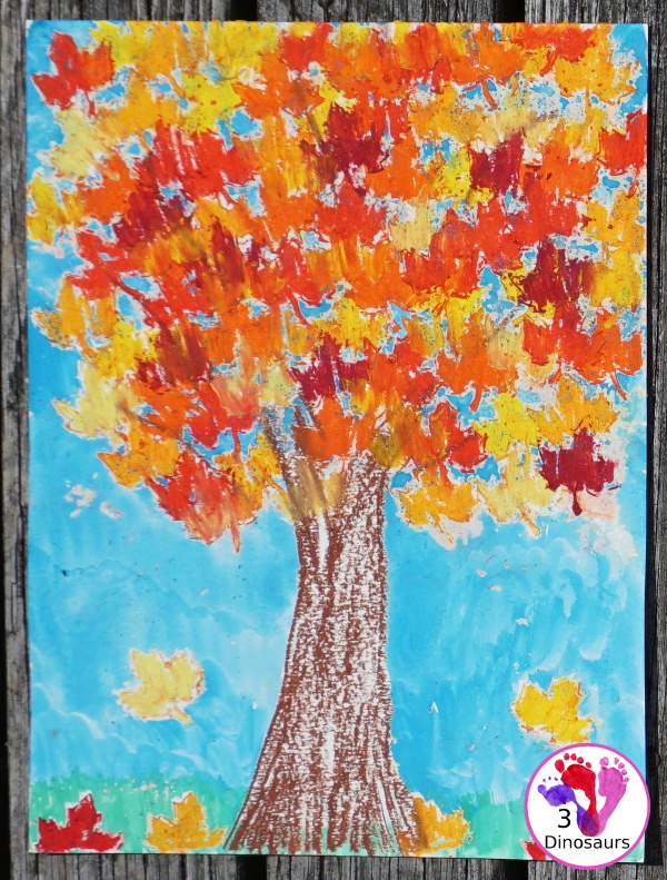 Fall Tree: Watercolor & Oil Pastels - a fun fall tree with blending of oil pastels and watercolors - 3Dinosaurs.com
