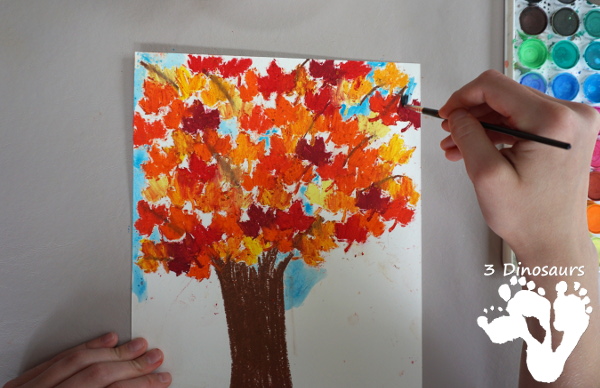 Fall Tree: Watercolor & Oil Pastels - a fun fall tree with blending of oil pastels and watercolors - 3Dinosaurs.com