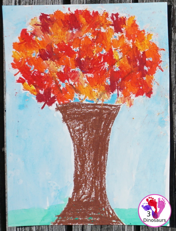 Fall Tree: Watercolor & Oil Pastels - a fun fall tree with blending of oil pastels and watercolors - 3Dinosaurs.com
