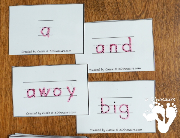 Free Tracing Sight Word Cards: All 220 Sight Words - 8 cards per page with them sorted by sight word lists - 3Dinosaurs.com