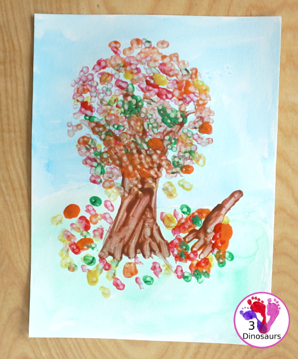 Fall Tree Watercolor and Q-Tip Painting - a mixed art painting project for kids to do for a fall tree.  - 3Dinosaurs.com