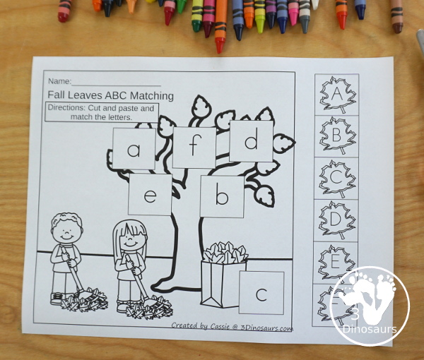 Free Fall Leaves ABC Cut & Paste -All 26 letters in a mix of letters in order and a mix of letters - 10 pages of printables - 3Dinosaurs.com #3dinosaurs #nopreprintable #freeprintable #ABCs #prek #kindergarten