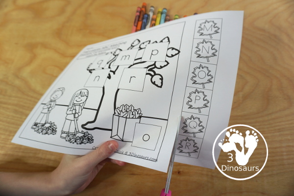 Free Fall Leaves ABC Cut & Paste -All 26 letters in a mix of letters in order and a mix of letters - 10 pages of printables - 3Dinosaurs.com #3dinosaurs #nopreprintable #freeprintable #ABCs #prek #kindergarten