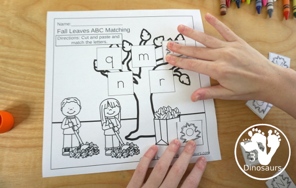 Free Fall Leaves ABC Cut & Paste -All 26 letters in a mix of letters in order and a mix of letters - 10 pages of printables - 3Dinosaurs.com #3dinosaurs #nopreprintable #freeprintable #ABCs #prek #kindergarten