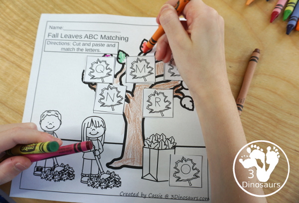 Free Fall Leaves ABC Cut & Paste -All 26 letters in a mix of letters in order and a mix of letters - 10 pages of printables - 3Dinosaurs.com #3dinosaurs #nopreprintable #freeprintable #ABCs #prek #kindergarten