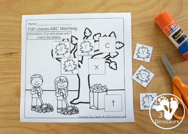 Free Fall Leaves ABC Cut & Paste -All 26 letters in a mix of letters in order and a mix of letters - 10 pages of printables - 3Dinosaurs.com #3dinosaurs #nopreprintable #freeprintable #ABCs #prek #kindergarten