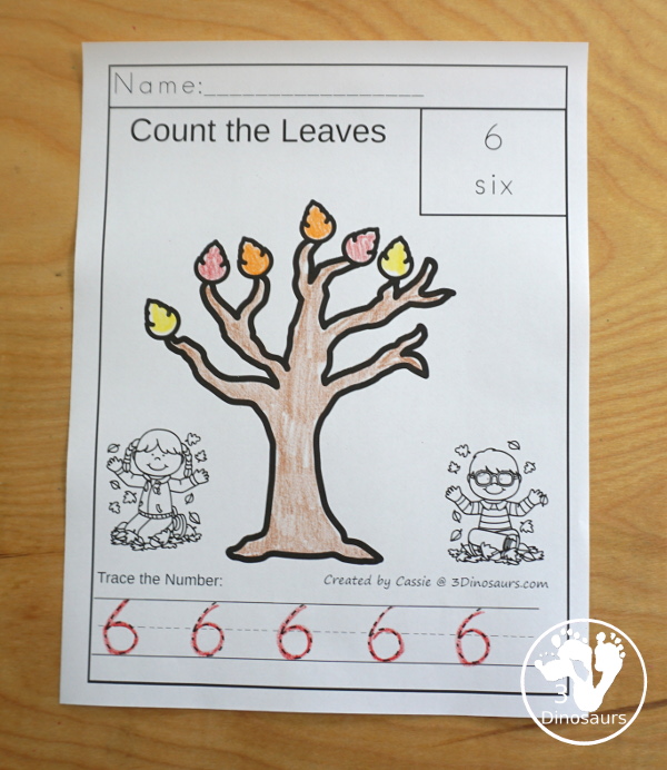 Leaf Activities Pack: Leaf Themed No-Prep Number Letter Coloring Pages - with numbers 0 to 10 with each page having counting and tracing - 3Dinosaurs.com