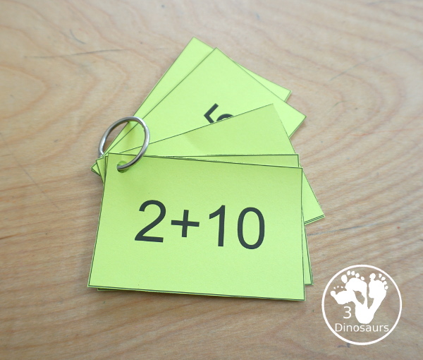 Free Addition Flash Cards 11-20 - five colors of addition cards to pick from with 8 addition flashcards on each page - 3Dinosaurs.com