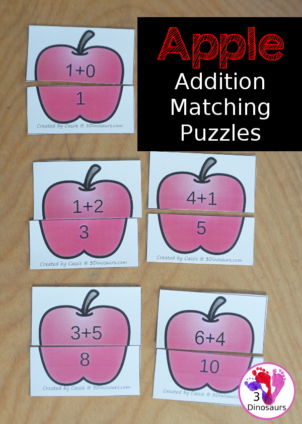 Free Apple 2 Piece Addition Matching Puzzles - Addition 1 to 10 - You have matching puzzles for all the ways to add up to numbers 1 to 10 - 3Dinosaurs.com