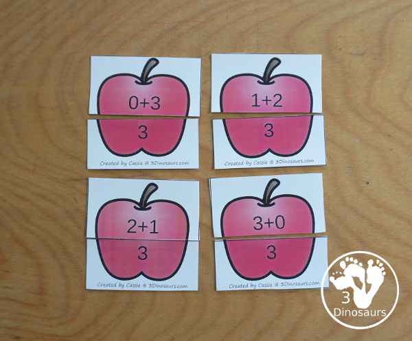 Free Apple 2 Piece Addition Matching Puzzles - Addition 1 to 10 - You have matching puzzles for all the ways to add up to numbers 1 to 10 - 3Dinosaurs.com