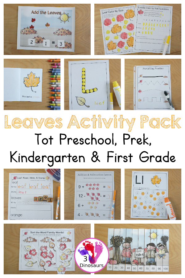 Free Leaves Activities Pack for Tot, Preschool, PreK, Kindergarten, & First Grade - A fun set of free printables with a fall leave themed with a mix of hands-on and no-prep printables - 3Dinosaurs.com