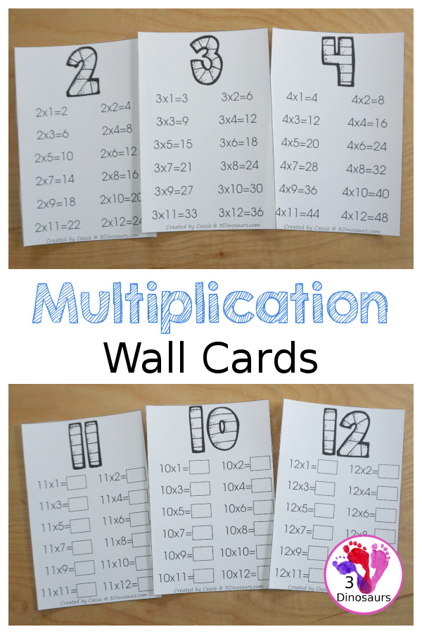 Free Multiplication Wall Cards: Two Types - You have a set of multiplication wall cards filled out and multiplication wall cards that have answer blank - 3Dinosaurs.com
