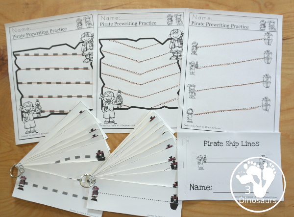 Pirate Activity Pack: Prewriting - several different types of lines with pirate map prewriting, prewriting strips, prewriting easy reader book - 3Dinosaurs.com