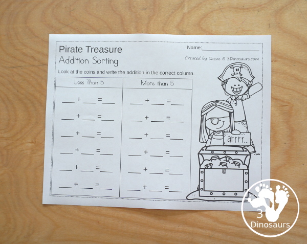 Free Pirate Addition Sorting - work on sorting more than 5 and less than 5 with 12 addition cards to sort with recording sheet - 3Dinosaurs.com