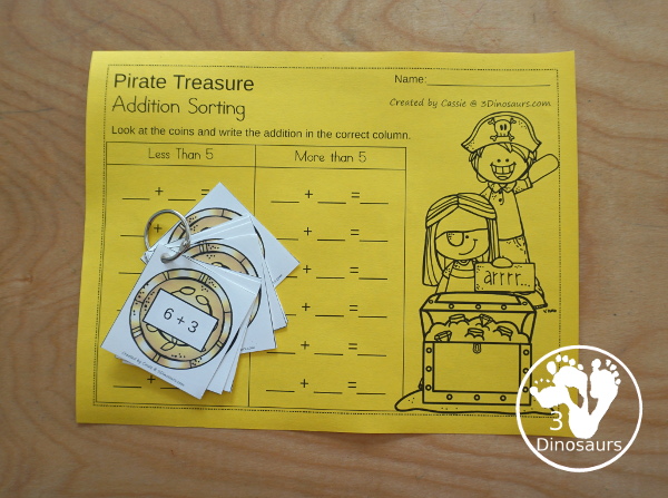 Free Pirate Addition Sorting - work on sorting more than 5 and less than 5 with 12 addition cards to sort with recording sheet - 3Dinosaurs.com