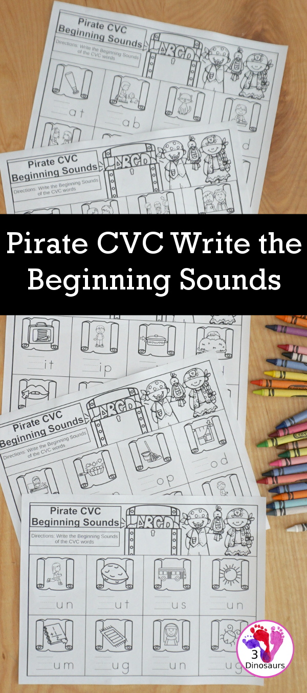 Free Pirate CVC Words Write Beginning Sounds - 5 fun CVC word worksheets that work on short a, short e, short i, short o, short u beginning sound words - 3Dinosaurs.com