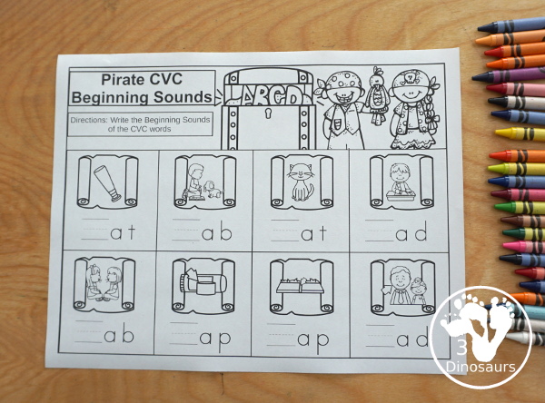 Free Pirate CVC Words Write Beginning Sounds - 5 fun CVC word worksheets that work on short a, short e, short i, short o, short u beginning sound words - 3Dinosaurs.com