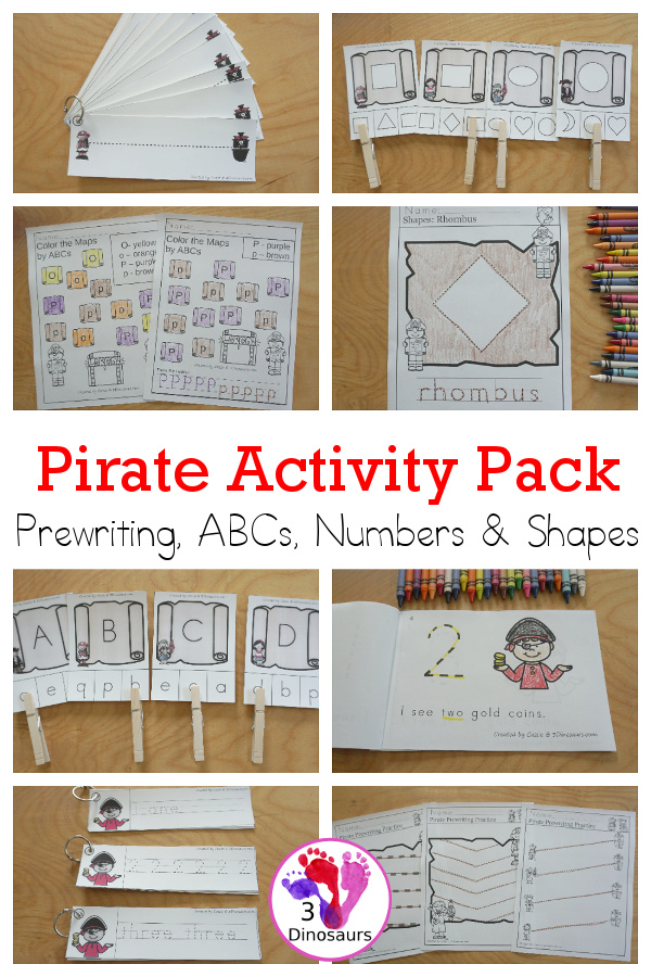 Pirate Activity Pack: Prewriting, Shapes, ABCs & Numbers - A pirate themed pack with pirate themed easy reader books, pirate clip cards, pirate training strips and pirate no-prep worksheets 189 pages - 3Dinosaurs.com