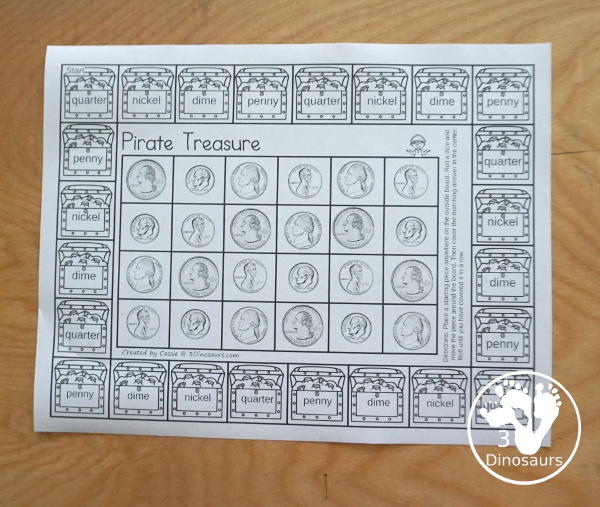 Free Pirate Themed Money Game - a fun game working on coin names and matching pictures and coin and coin amounts for kids to have fun learning about money - 3Dinosaurs.com