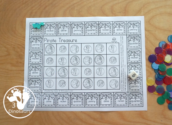 Free Pirate Themed Money Game - a fun game working on coin names and matching pictures and coin and coin amounts for kids to have fun learning about money - 3Dinosaurs.com