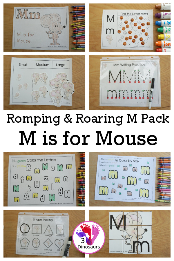 Free Romping & Roaring M Pack Letter Pack: M is for Mouse - a letter m pack that has prewriting, finding letters, tracing letters, coloring pages, shapes, puzzles and more - 3Dinosaurs.com