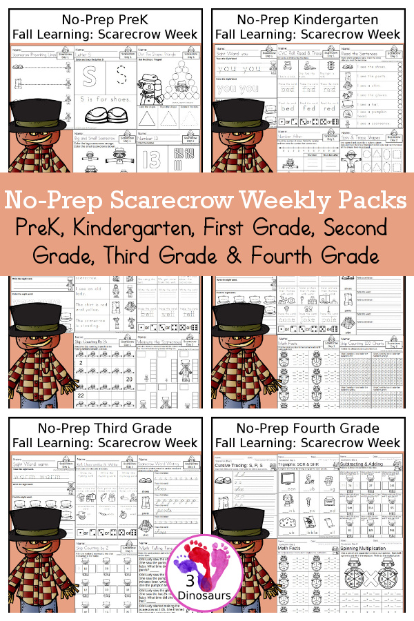 No-Prep Scarecrow Weekly Packs for PreK, Kindergarten, First Grade, Second Grade, Third Grade & Fourth Grade with 5 days of activities to do for each grade level - 3Dinosaurs.com