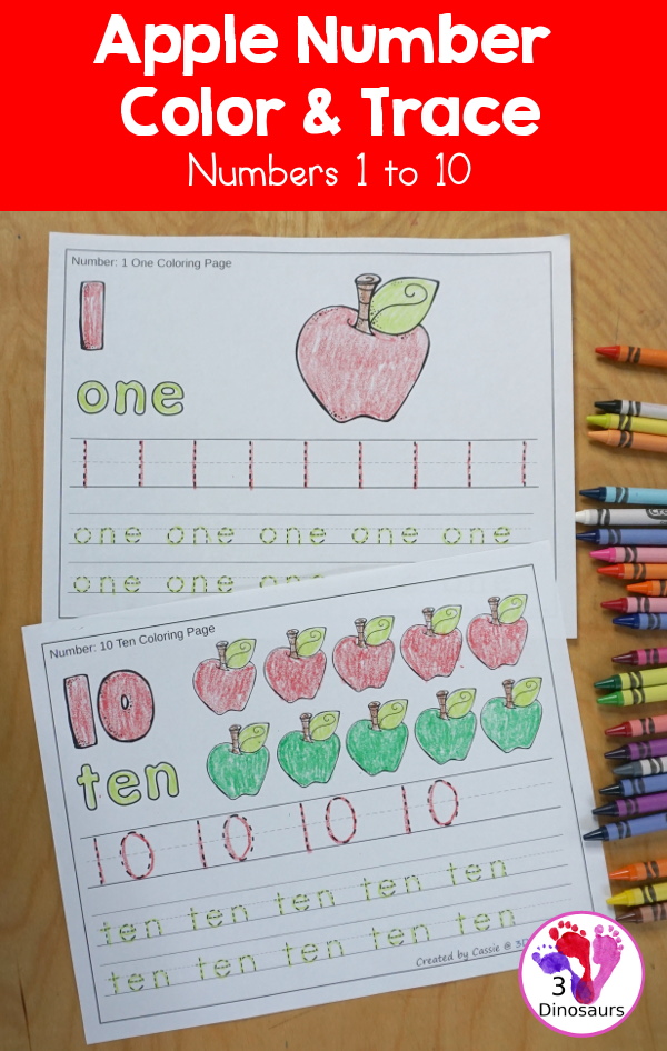 Free Apple Themed Number Color & Trace - Numbers 1 to 10 with a number to color, apples to count and color and three lines of tracing numbers - 3Dinosaurs.com