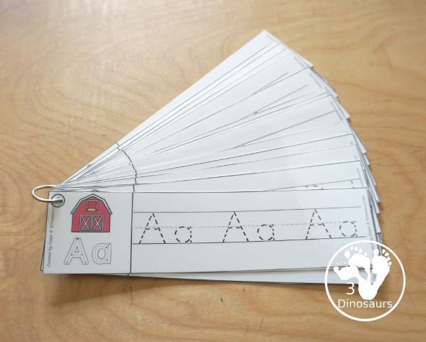 Free Farm ABC Tracing Strips - with uppercase and lowercase together. You have fun kids with a farm barn, plus you can see an example of how to trace the letters - 3Dinosaurs.com