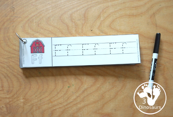 Free Farm ABC Tracing Strips - with uppercase and lowercase together. You have fun kids with a farm barn, plus you can see an example of how to trace the letters - 3Dinosaurs.com