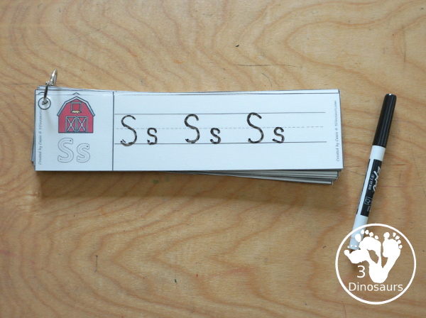 Free Farm ABC Tracing Strips - with uppercase and lowercase together. You have fun kids with a farm barn, plus you can see an example of how to trace the letters - 3Dinosaurs.com