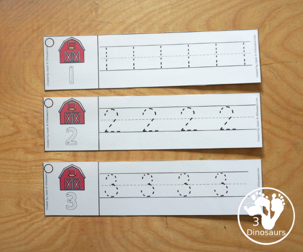 Free Farm Number Tracing Strips - with numbers 0 to 20. A fun farm themed with a barn on each printable number tracing strip - 3Dinosaurs.com