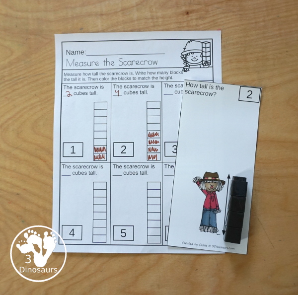 Free Measure the Scarecrow with 6 measuring scarecrow cards and 1 measuring recording worksheet for kids - 3Dinosaurs.com