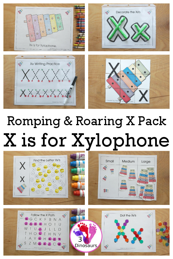 Free Romping & Roaring X Pack Letter Pack: X is for Xylophone - a letter X pack that has prewriting, finding letters, tracing letters, coloring pages, shapes, puzzles and more - 3Dinosaurs.com