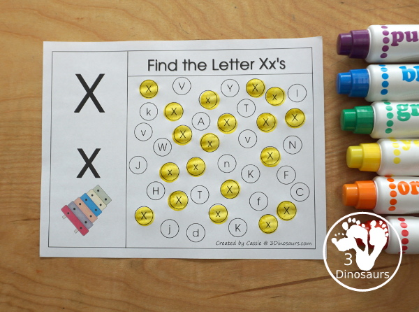 Free Romping & Roaring X Pack Letter Pack: X is for Xylophone - a letter X pack that has prewriting, finding letters, tracing letters, coloring pages, shapes, puzzles and more - 3Dinosaurs.com