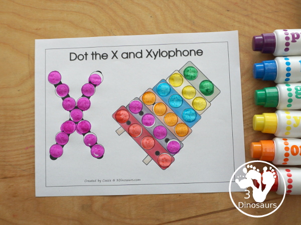 Free Romping & Roaring X Pack Letter Pack: X is for Xylophone - a letter X pack that has prewriting, finding letters, tracing letters, coloring pages, shapes, puzzles and more - 3Dinosaurs.com