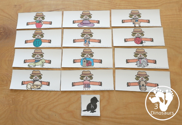 Free Scarecrow ABC Matching Printable -0 matching the beginning sound for each picture on the scarecrow with a crow that has an uppercase and lowercase letter. All 26 letters of the alphabet. - 3Dinosaurs.com
